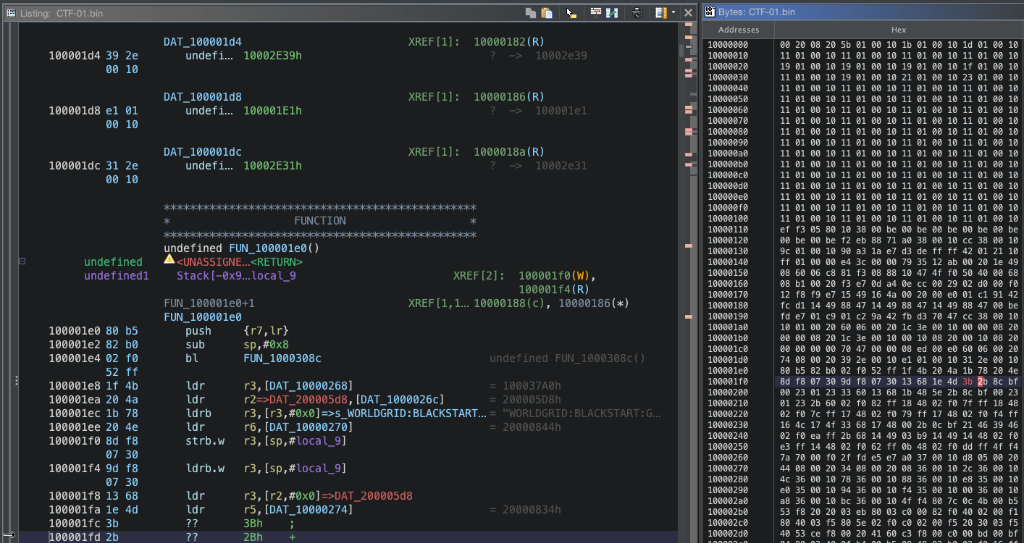 Side-by-Side View of Listing and Bytes Window with Edit Mode Active