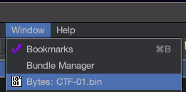 Ghidra Window Menu - Opening Bytes Window