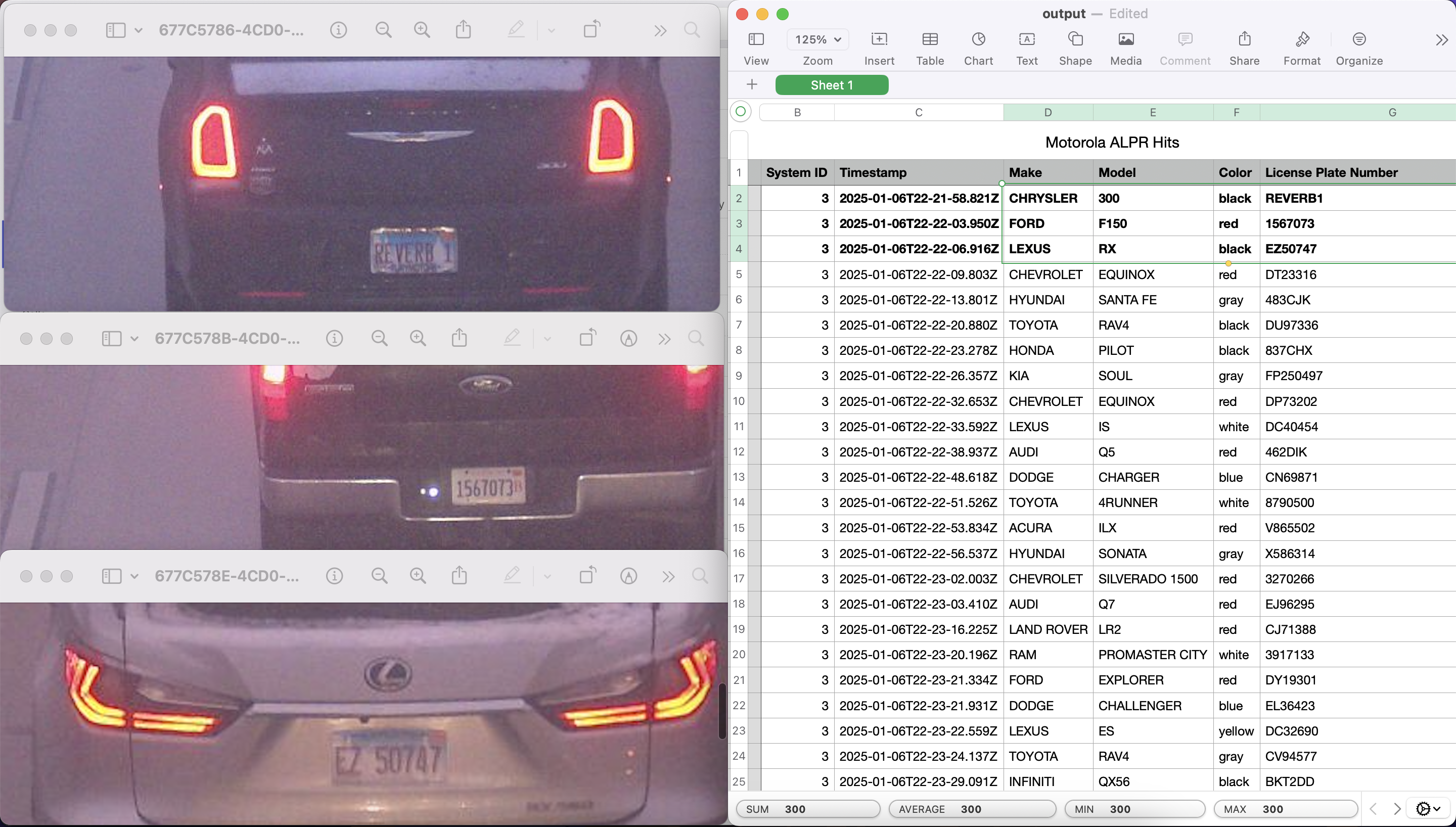 CSV file of data collected from script